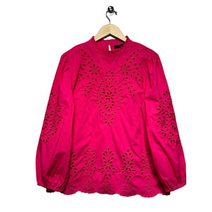 J Crew Women Size Large Bright Pink Floral Embroidery Cotton Eyelet Blouse