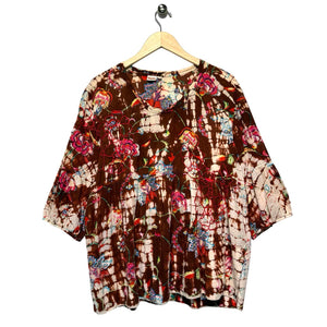 Tianello Women Size X Large Brown & Multi Color Floral Cotton Embroidered Blouse