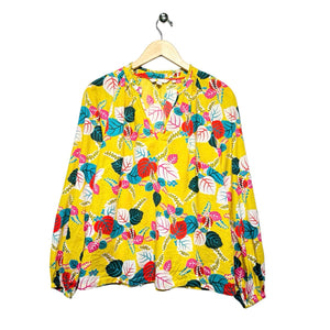 Boden Women Size 12 Yellow & Multi Color Floral Cotton V-neck Blouse