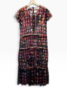 Johnny Was Biya, Black & Pink, Flutter cap slv, crew neck, tiered, mes – Here We Go Again deluxe resale boutique
