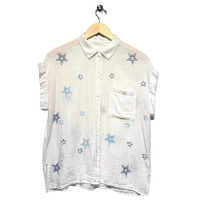 Rails Women Size Medium White & Blue Stars Linen Blend Embroidered Blouse
