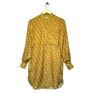 Augden Women Size X Small Mustard & Green Abstract Long Sleeve Silk Dress